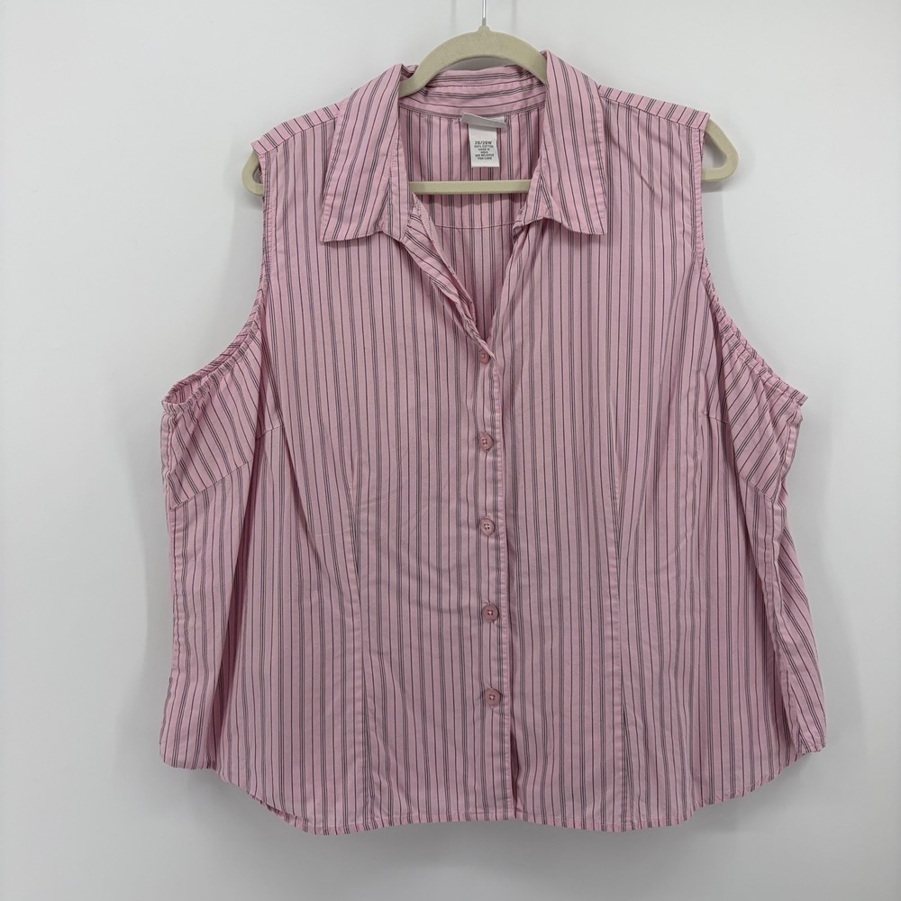 Fashion Bug Womens 26/28W Pink Pinstripe Sleeveless Button Down Blouse Top‎